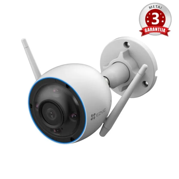 Balta matinė lauko kryptinė kamera su dviem antenomis, mėlynos briaunos lęšiu ir užrašu "3 METAI GARANTIJA".
