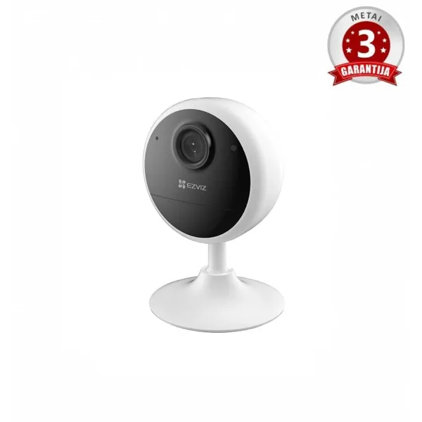 Baltos matinės plastiko vidaus akumuliatorinė kamera, priekinis-dešinysis vaizdas, EZVIZ logotipas ir užrašas "3 METAI GARANTIJA".