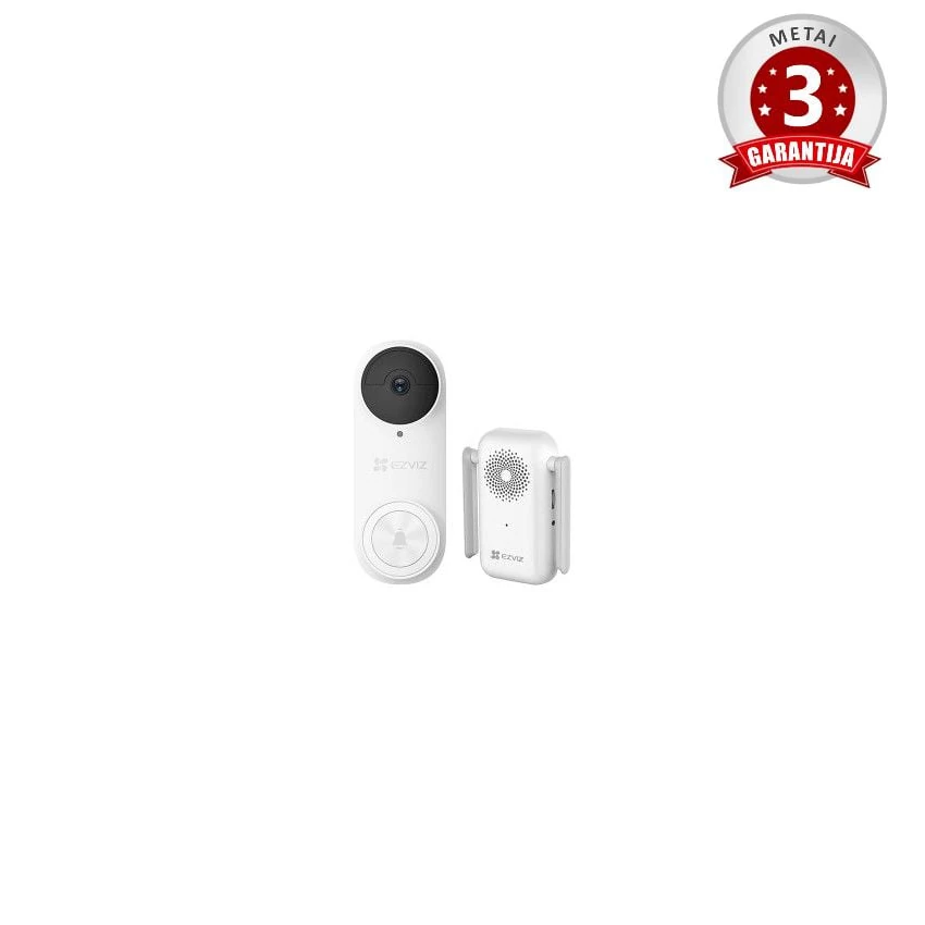 Belaidis lauko durų skambutis su EZVIZ logotipu, 5 MP kamera ir mygtuku, baltos spalvos blizgus plastikas, vaizdas iš priekio.