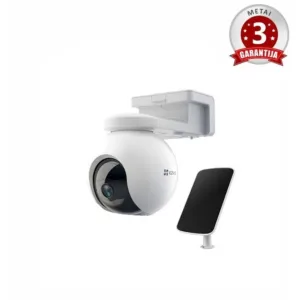 Valdoma lauko kamera prie saulės kolektoriaus, baltos ir juodos spalvos, matomas "3 Metai Garantija" tekstas.