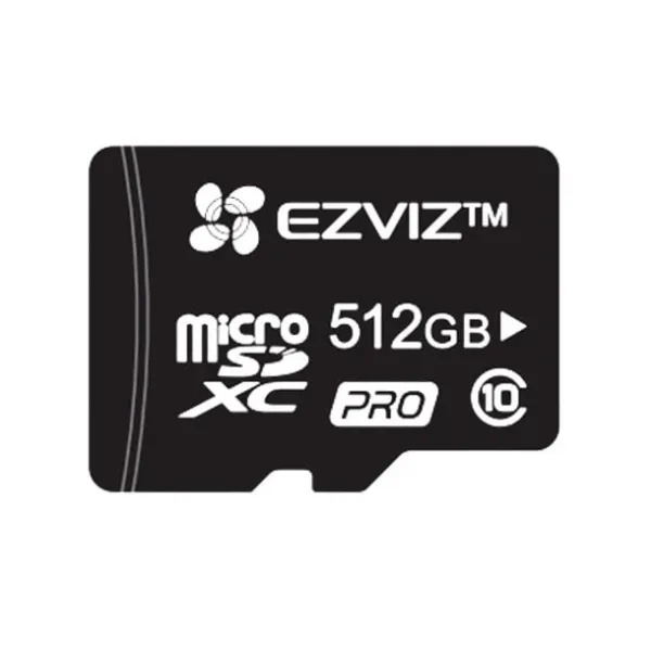 Atminties kortelė Micro SD juodos spalvos su baltu užrašu "EZVIZ", 512GB talpa, PRO 10 - Atminties kortelė Micro SD.