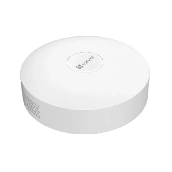 Balta, plastikinė apsaugos centralė su EZVIZ logotipu, matoma iš viršaus, su šoninėmis ventiliacijos angomis.