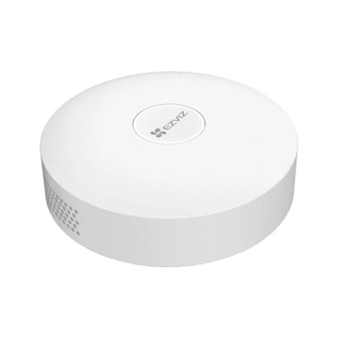 Balta, plastikinė apsaugos centralė su EZVIZ logotipu, matoma iš viršaus, su šoninėmis ventiliacijos angomis.