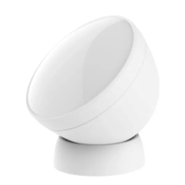 Baltas, kupolo formos PIR judesio jutiklis šoniniu kampu, montuojamas ant pagrindo.