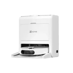 Baltos spalvos EZVIZ CS-RS2-TWT2 modelio robotas dulkių siurblys iš priekio su įkrovimo stotele - Robotas dulkių siurblys.