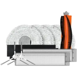 Roboto dulkių siurblio priedų komplektas su filtrais, šepetėliais ir šluostukais - priekinis vaizdas, balta, juoda ir oranžinė spalvos.