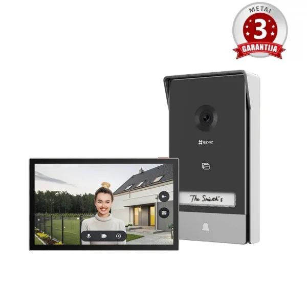 Telefonspynės komplektas su EZVIZ logotipu, juodas ir sidabrinis, matomas priekiniu kampu, garantijos ženklelis.