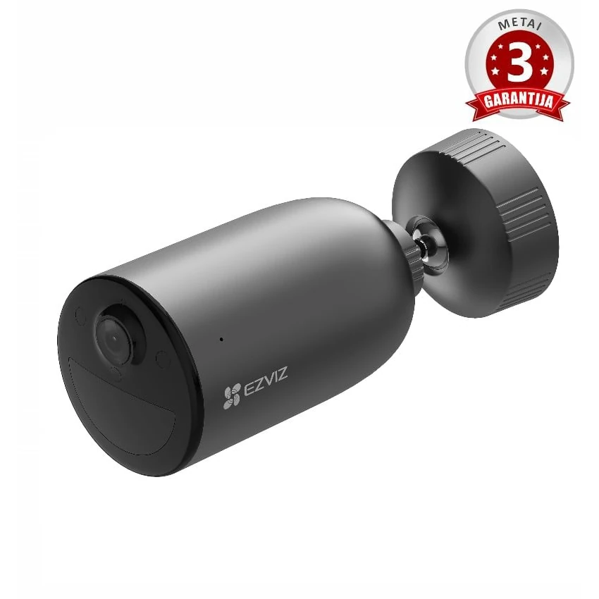 Šoninį kampu matoma juoda lauko akumuliatorinė kryptinė kamera su "EZVIZ" logotipu ir "3 Metai Garantija" tekstu.