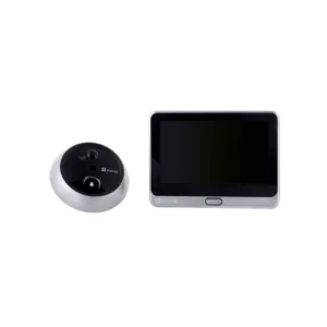 Sidabrinis EZVIZ belaidžio durų skambučio komplektas su ekranu ir kamera, matomas iš priekio.