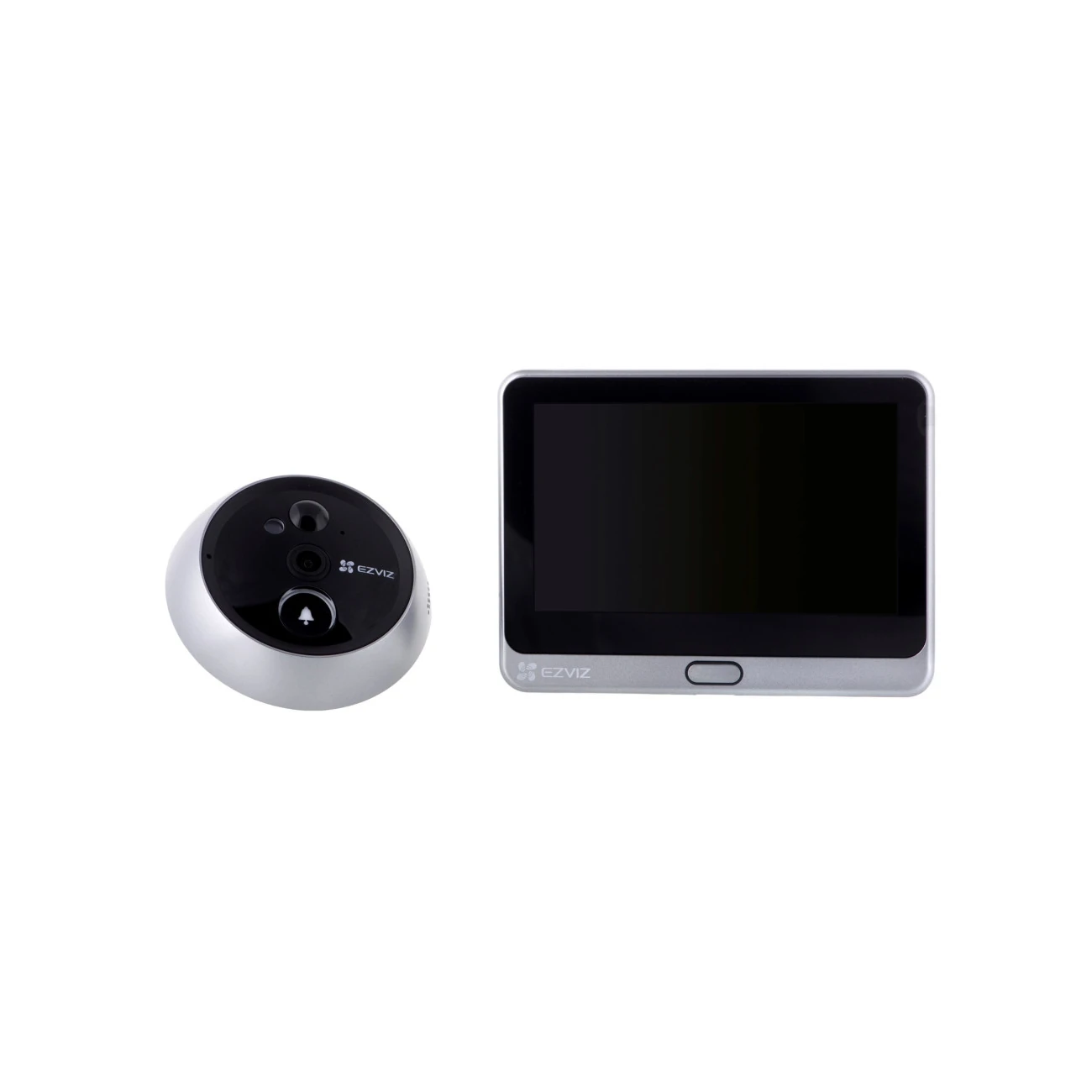 Sidabrinis EZVIZ belaidžio durų skambučio komplektas su ekranu ir kamera, matomas iš priekio.