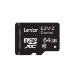 Juodos spalvos plastikinė MicroSD kortelė su 64GB talpa ir užrašu "Lexar" - Atminties kortelė MicroSD 64GB.
