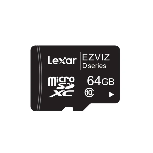 Juodos spalvos plastikinė MicroSD kortelė su 64GB talpa ir užrašu "Lexar" - Atminties kortelė MicroSD 64GB.
