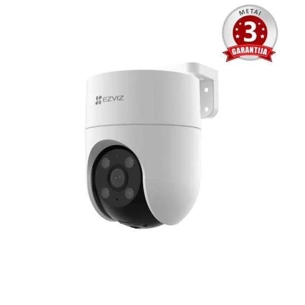 Balta lauko valdoma kamera su juodu objektyvu, priekyje tekstas "3 METAI GARANTIJA" ir "EZVIZ".