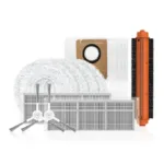 Roboto dulkių siurblio priedų komplektas su baltomis ir oranžinėmis dalimis, matomi šepečiai, filtrai ir šluostės.