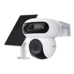 Priekinis kampas, balta-juoda kamera su saulės baterija, EZVIZ logotipas - lauko akumuliatorinė valdoma IP kamera.