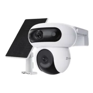 Priekinis kampas, balta-juoda kamera su saulės baterija, EZVIZ logotipas - lauko akumuliatorinė valdoma IP kamera.