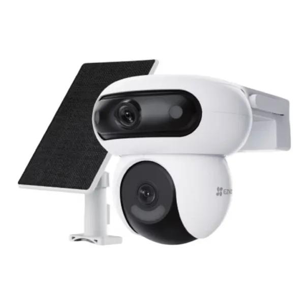 Priekinis kampas, balta-juoda kamera su saulės baterija, EZVIZ logotipas - lauko akumuliatorinė valdoma IP kamera.