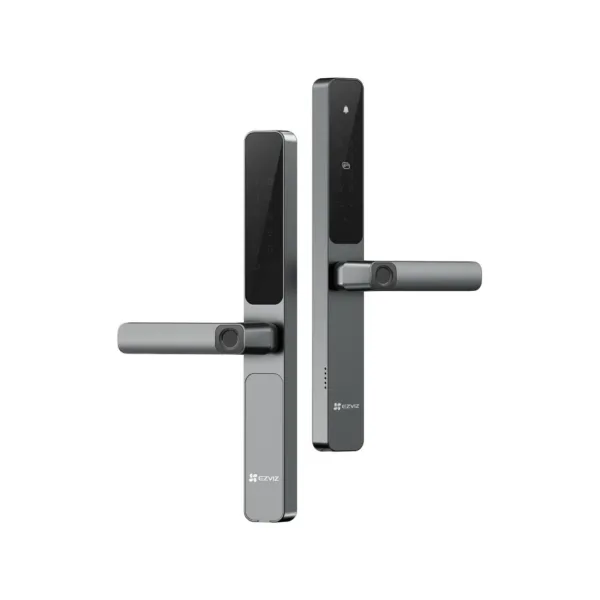 Išmani durų rankena su EZVIZ logotipu, pilkos spalvos, su klaviatūra ir pirštų atspaudų skaitytuvu - Išmani durų rankena.